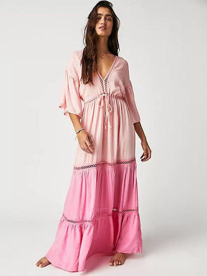 Boho Dress V-Neck Low-cut Back Ruffles Tiered Hollow Maxi Dresses