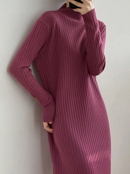 Long Sleeves Loose Fringed Solid Color Mock Neck Midi Dresses Sweater Dresses