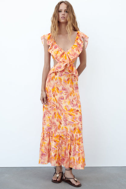 Floral Cross Strap Ruffle Hem Midi Dress