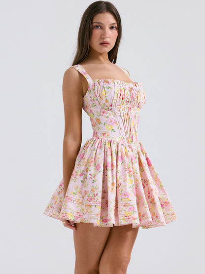 Floral Dress Mini Dresses Dresses Floral Print Lace Up Straps Neck Sleeveless No Open Seam Elegant Fall Short