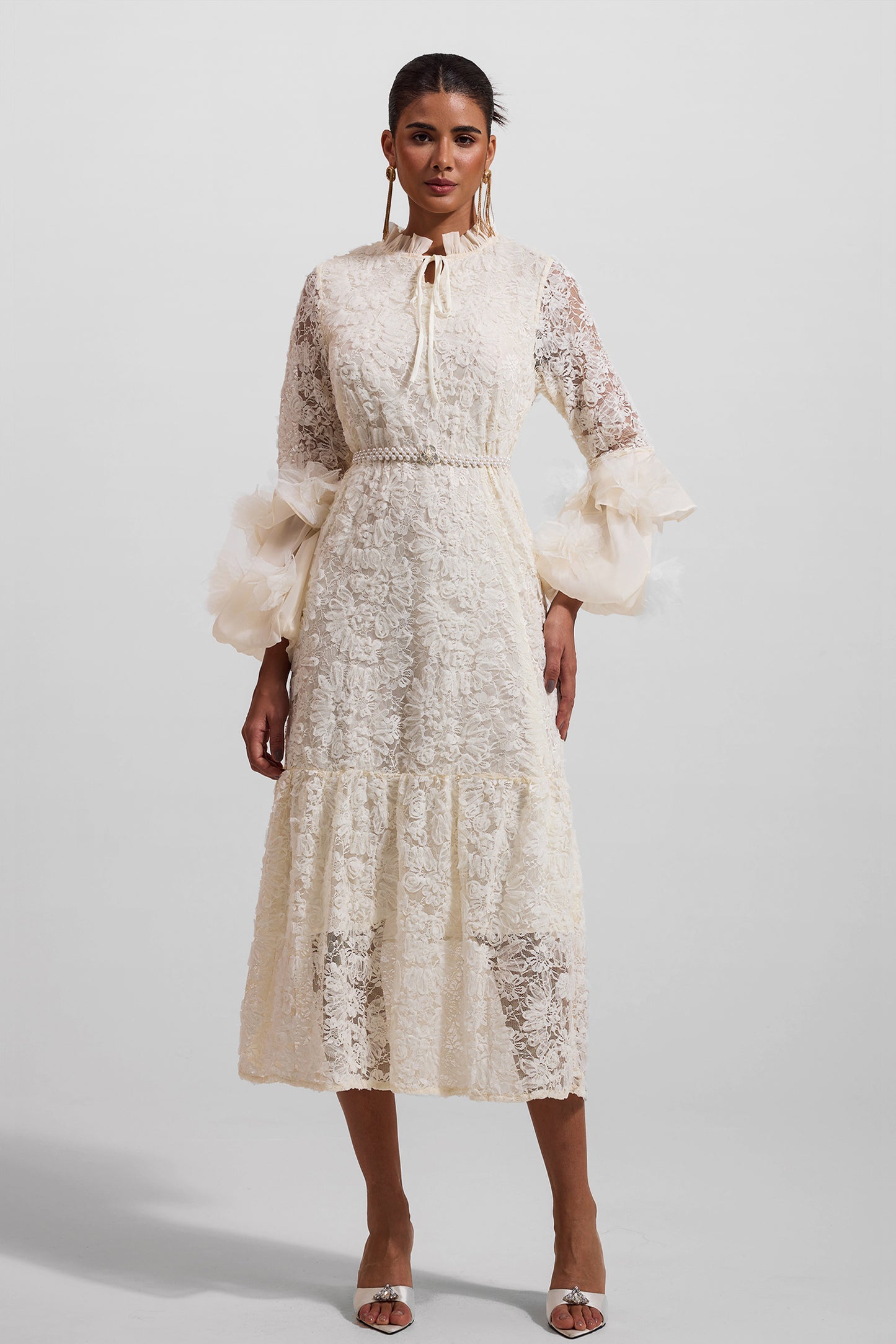 Solid Lace 3D Floral Midi Dress With Faux Pearl Belt