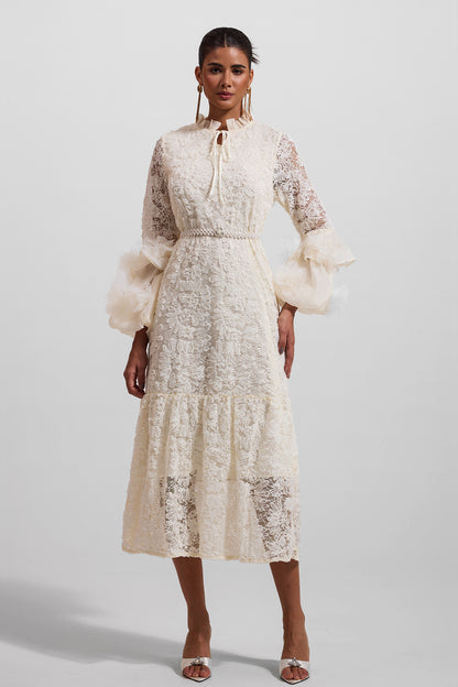 Solid Lace 3D Floral Midi Dress With Faux Pearl Belt