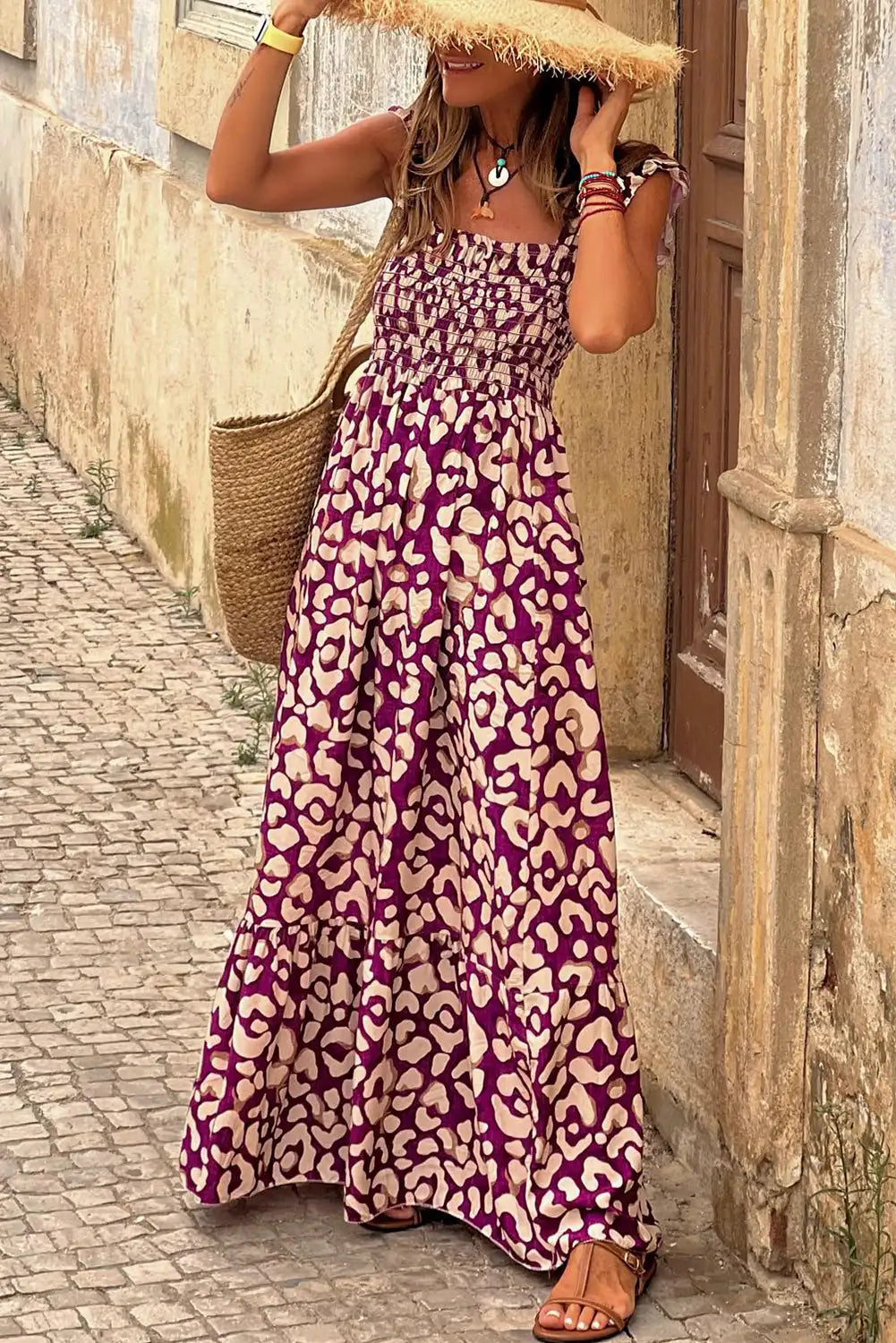 rose leopard ruffle straps maxi dress