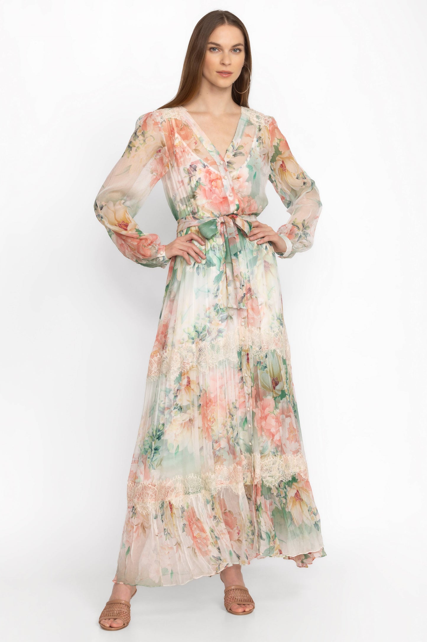 Floral Bottom Long Sleeve Midi Dress With Belt