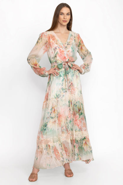 Floral Bottom Long Sleeve Midi Dress With Belt