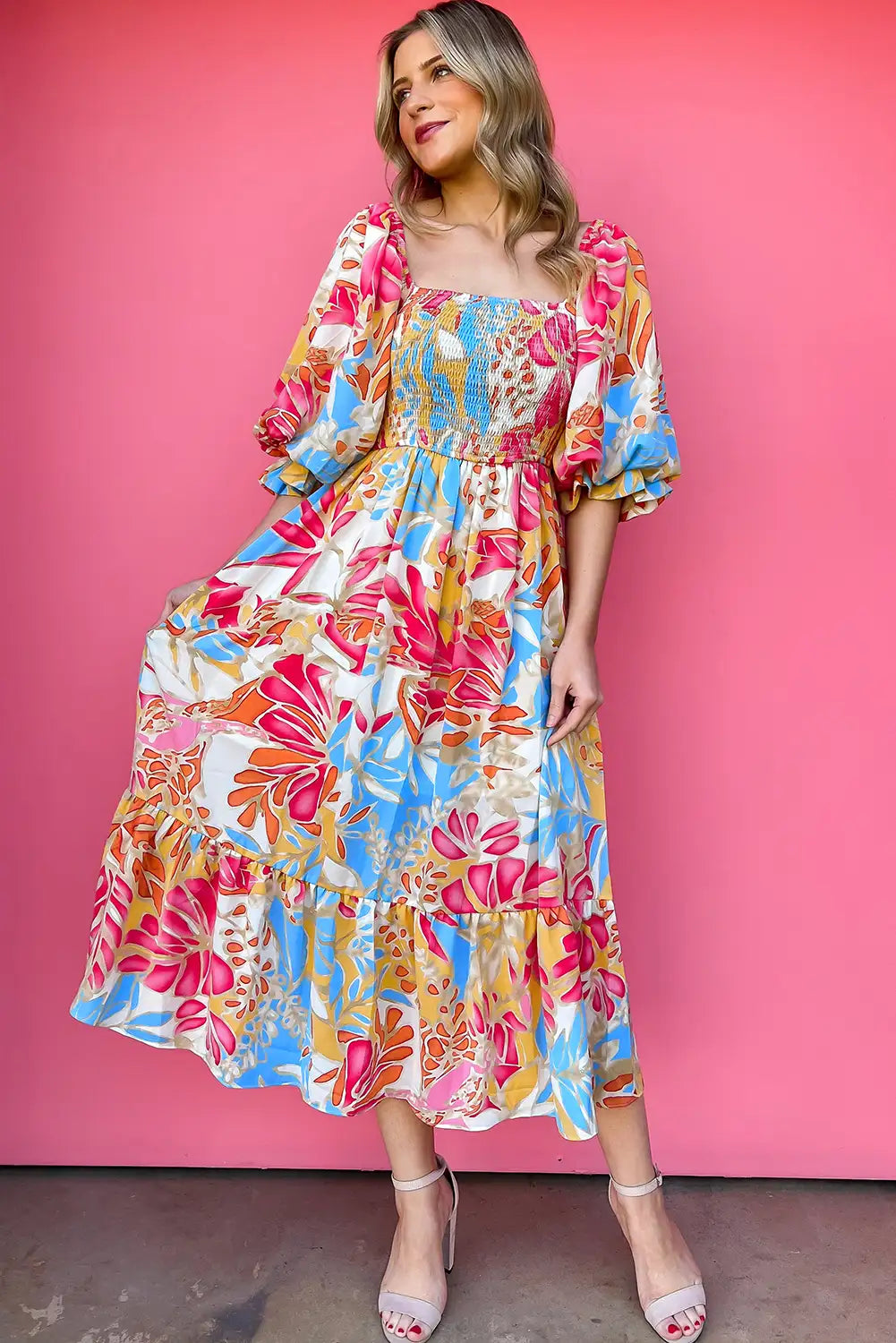 tropical print smocked maxi dress