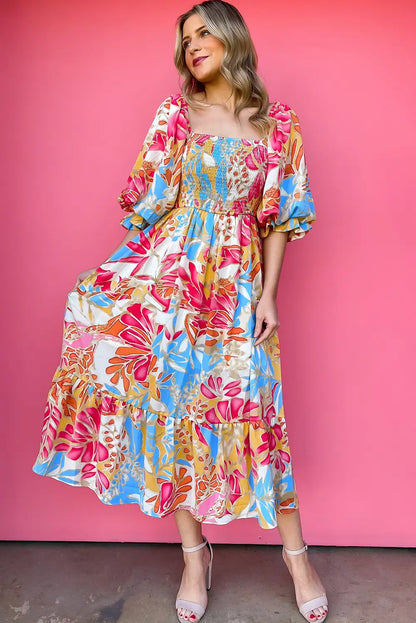tropical print smocked maxi dress