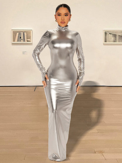 Metallic Gloss Exposed Backpack Buttocks Long Sleeves Maxi Dresses