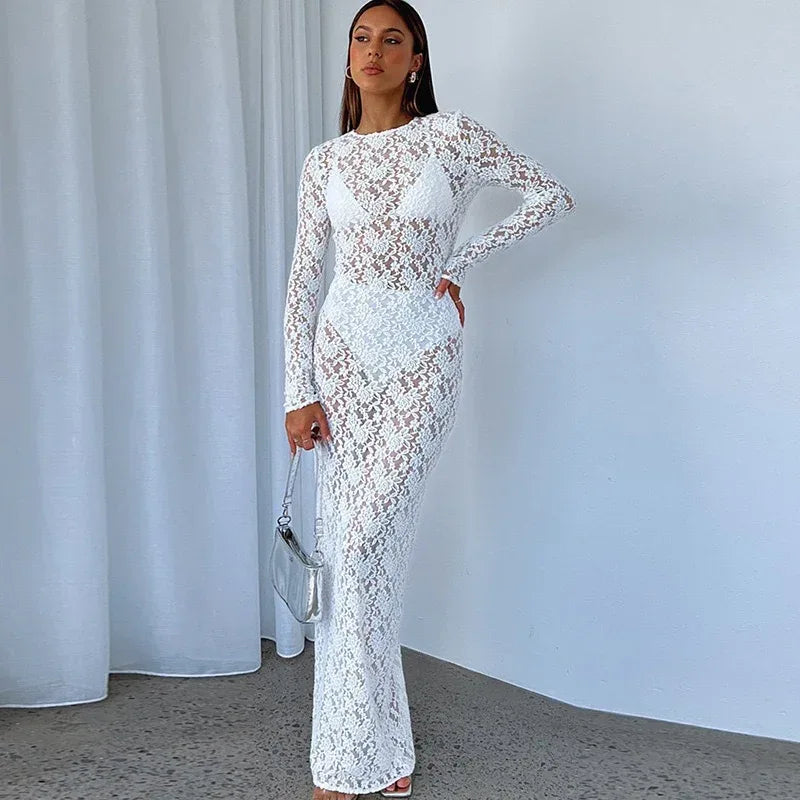 Sheer long sleeve lace maxi dress for women