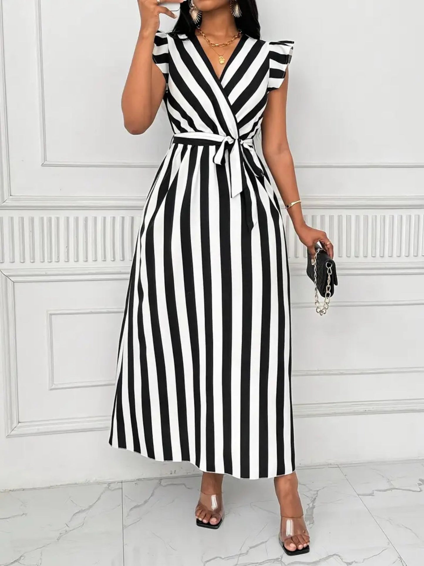 Stripes V-neck Belts Maxi Dresses