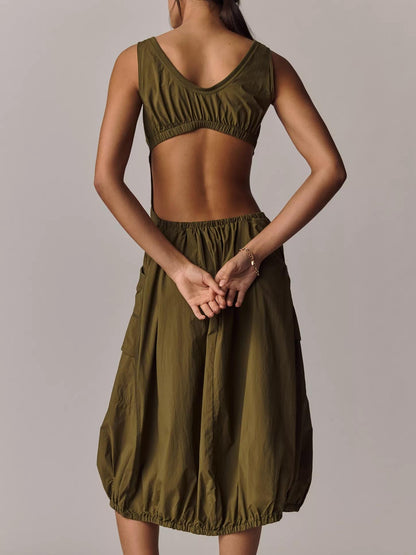 Scoop Neck Zip Front Corset Seam Cargo Pocket Bubble Hem Midi Dress