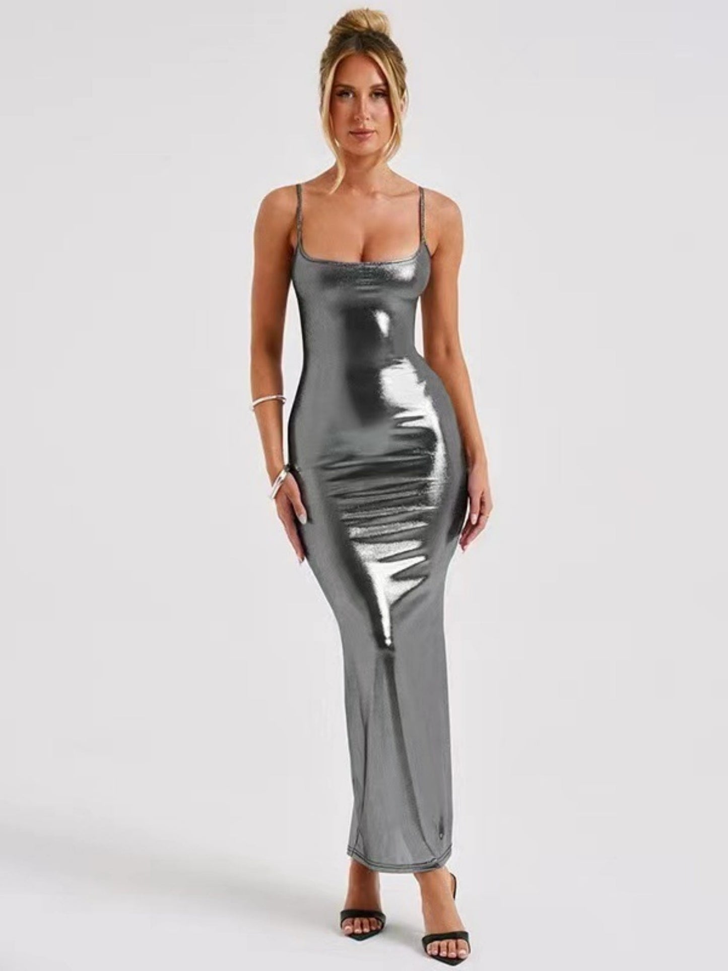 Metallic Gloss Spaghetti Strap Bodycon Maxi Dresses