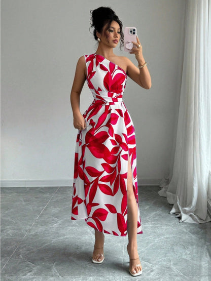 Sloping Shoulders Printed Slit Vacation Leisure Maxi Dresses