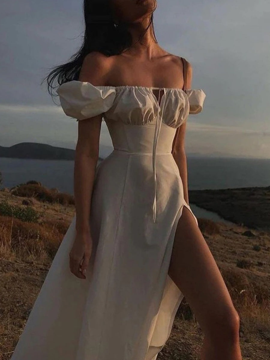 Square Collar Bandage Puff Sleeve Slit Midi Dresses