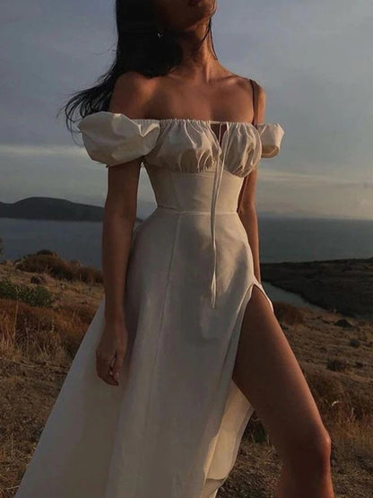Square Collar Bandage Puff Sleeve Slit Midi Dresses