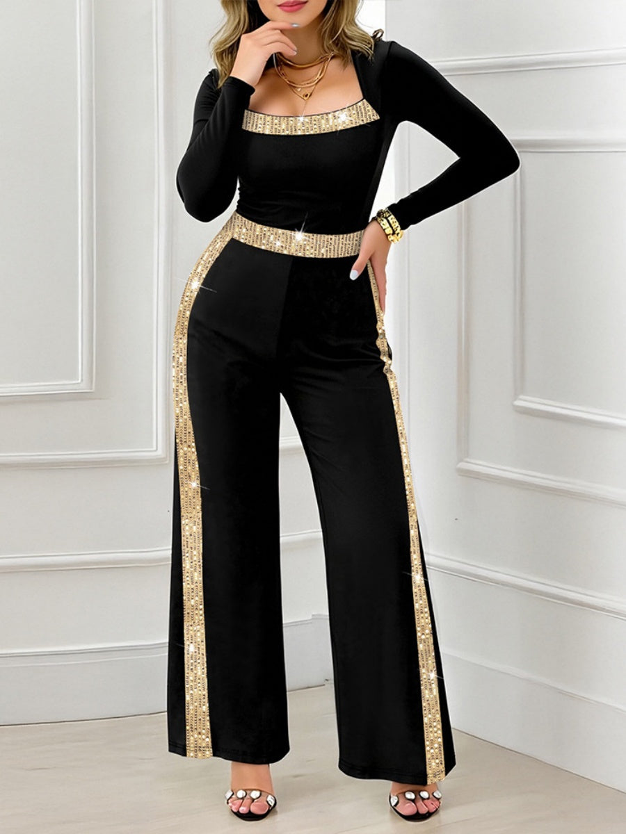 Sequined Black Square Neck Slim Waist Jumpsuit
