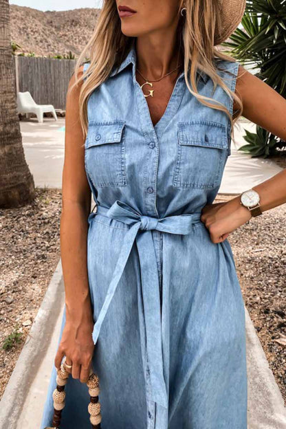 Sleeveless Collar Button Front Tie Waist Denim Shirt Midi Dress