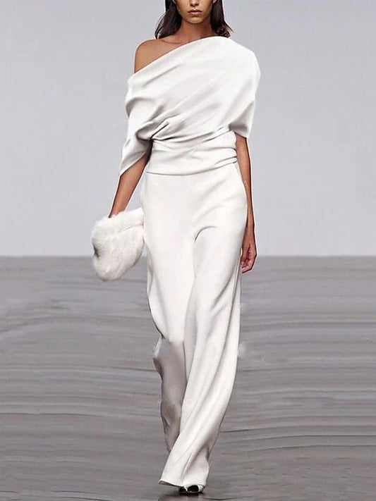 One-shoulder Short-sleeved Pleated Jumpsuit