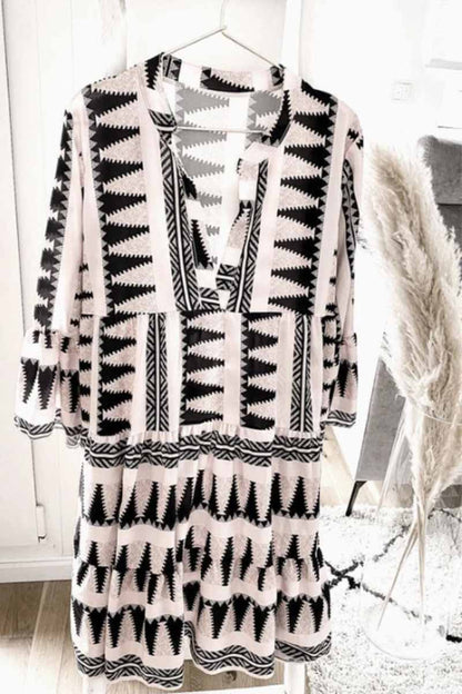 Geometric Print Mandarin Collar Bell Sleeve Tiered Mini Dress