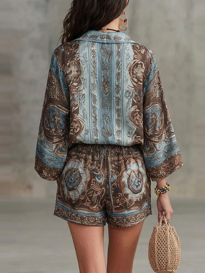 Printed Long Sleeve Shirts Loose-fit Shorts Set 2-piece Sets