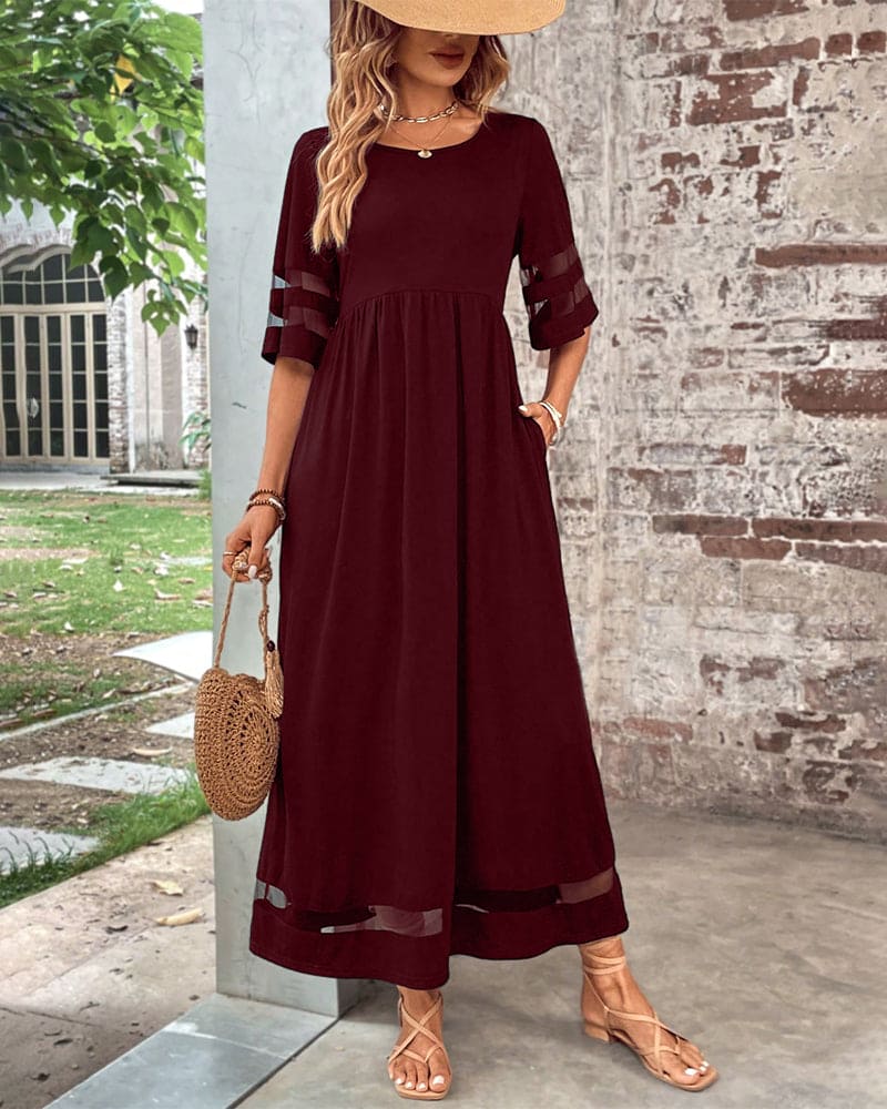 Sheer Mesh Panel Short Sleeve Empire Waist Column Maxi Dress