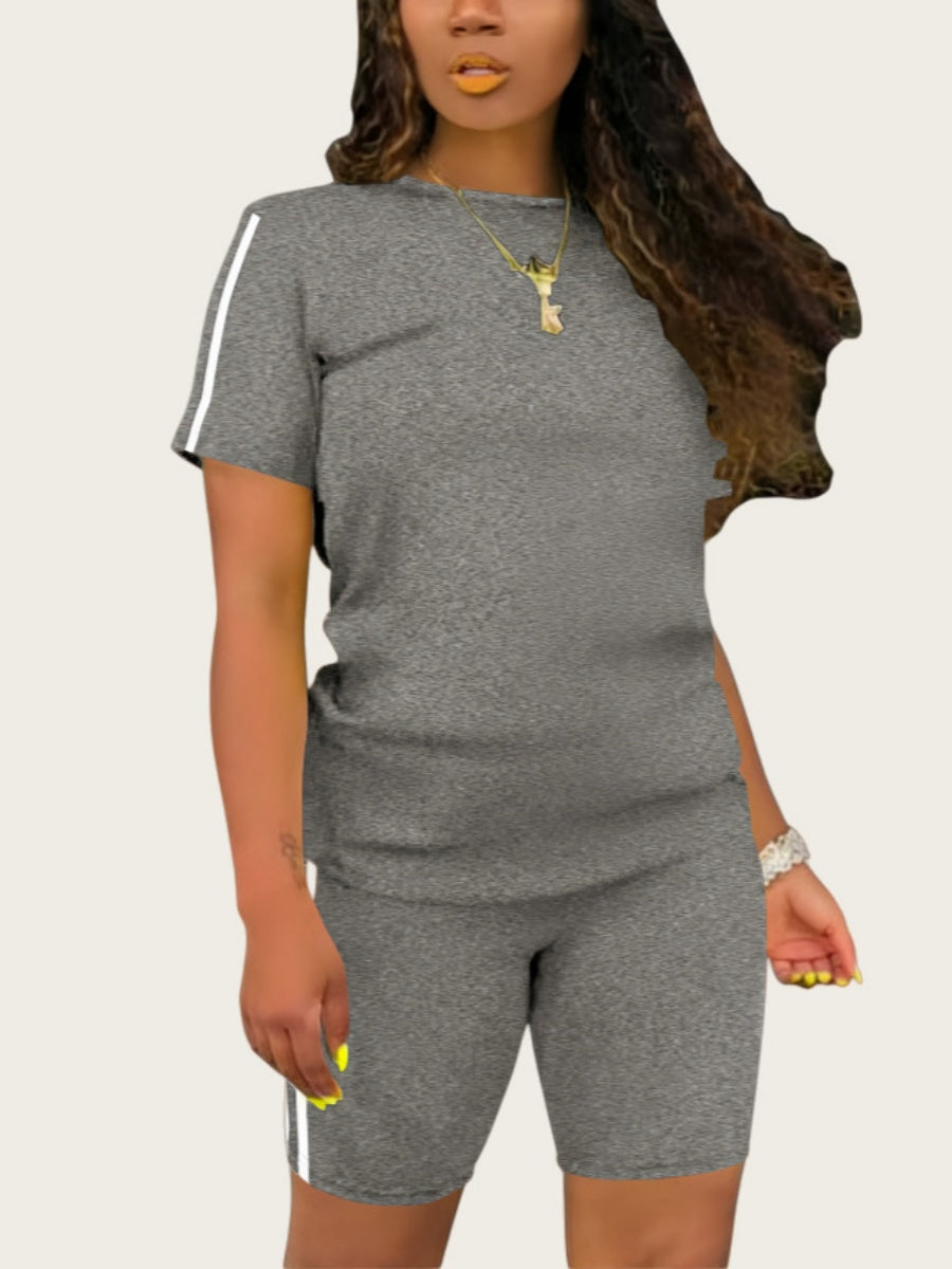 Casual Sporty Color-blocked Striped Short-sleeved Top And Shorts Two-piece Set