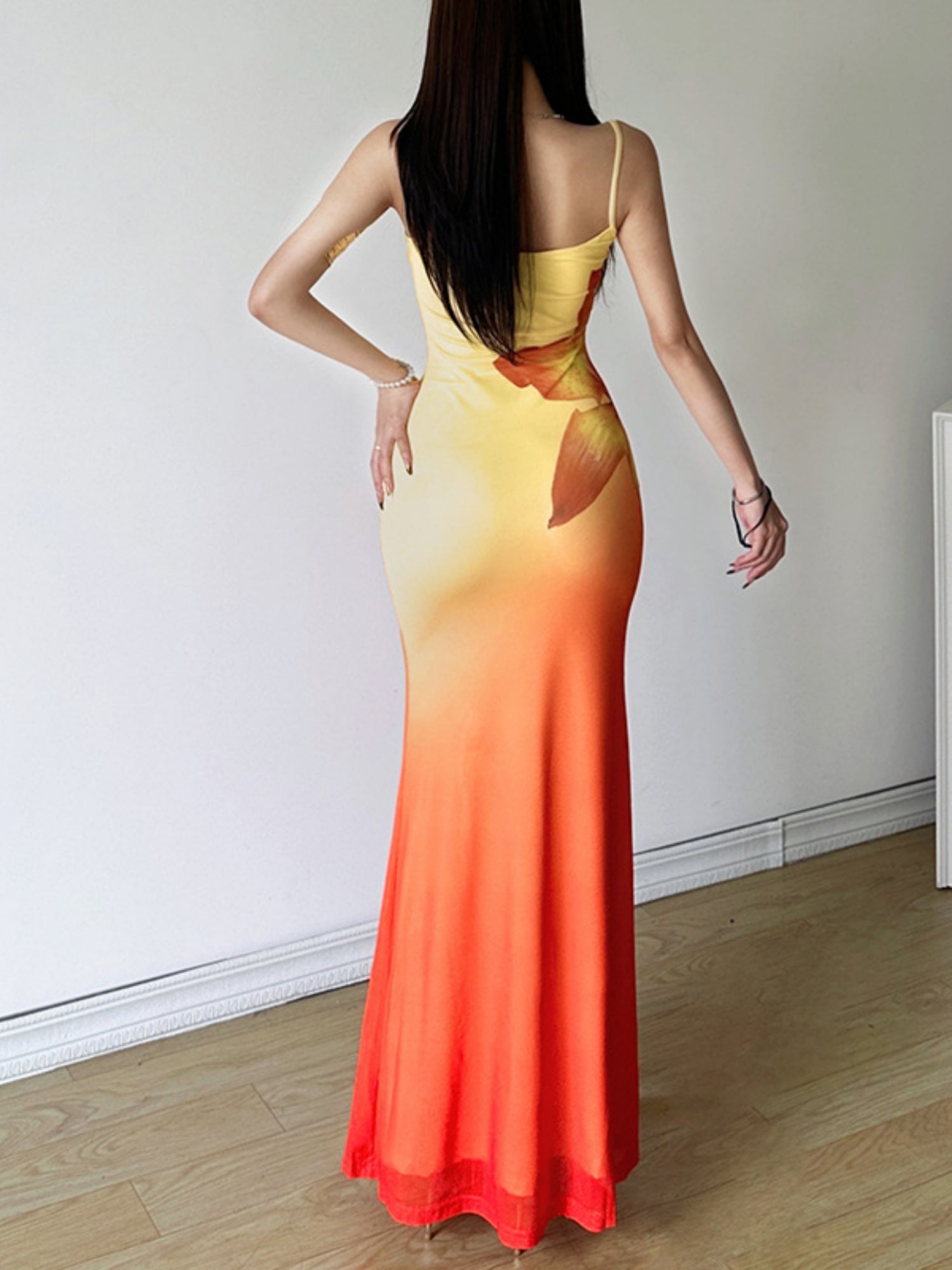 Floral Print Gradient Colors Fishtail And Hip Maxi Dresses