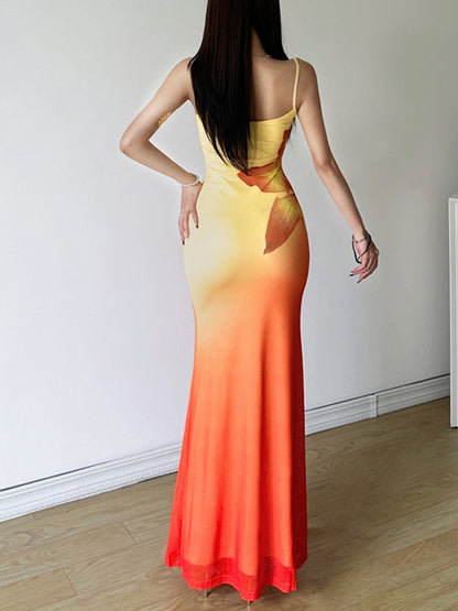 Floral Print Gradient Colors Fishtail And Hip Maxi Dresses