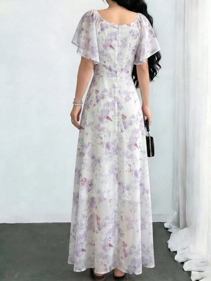 Floral Lotus Leaf Sleeves Sweetheart Collar Vacation And Leisure Maxi Dresses