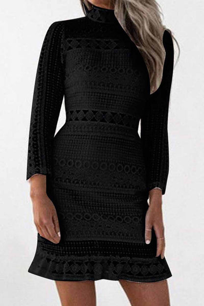 Mock Neck Long Sleeve Crochet Lace Ruffle Hem Bodycon Mini Dress