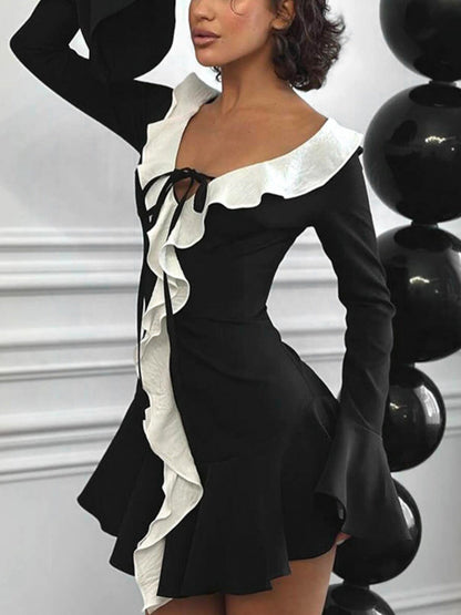 Color-blocked Ruffle Pointed Collar Tie  Flare Sleeve Mini&Short Dresses