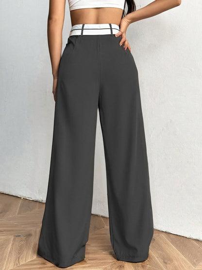 Color-blocked Suit Trousers Pocket Pleats Pants