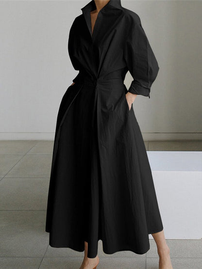 Long Sleeve Wrap Front Deep V-Neck Pleated Maxi Shirt Dress