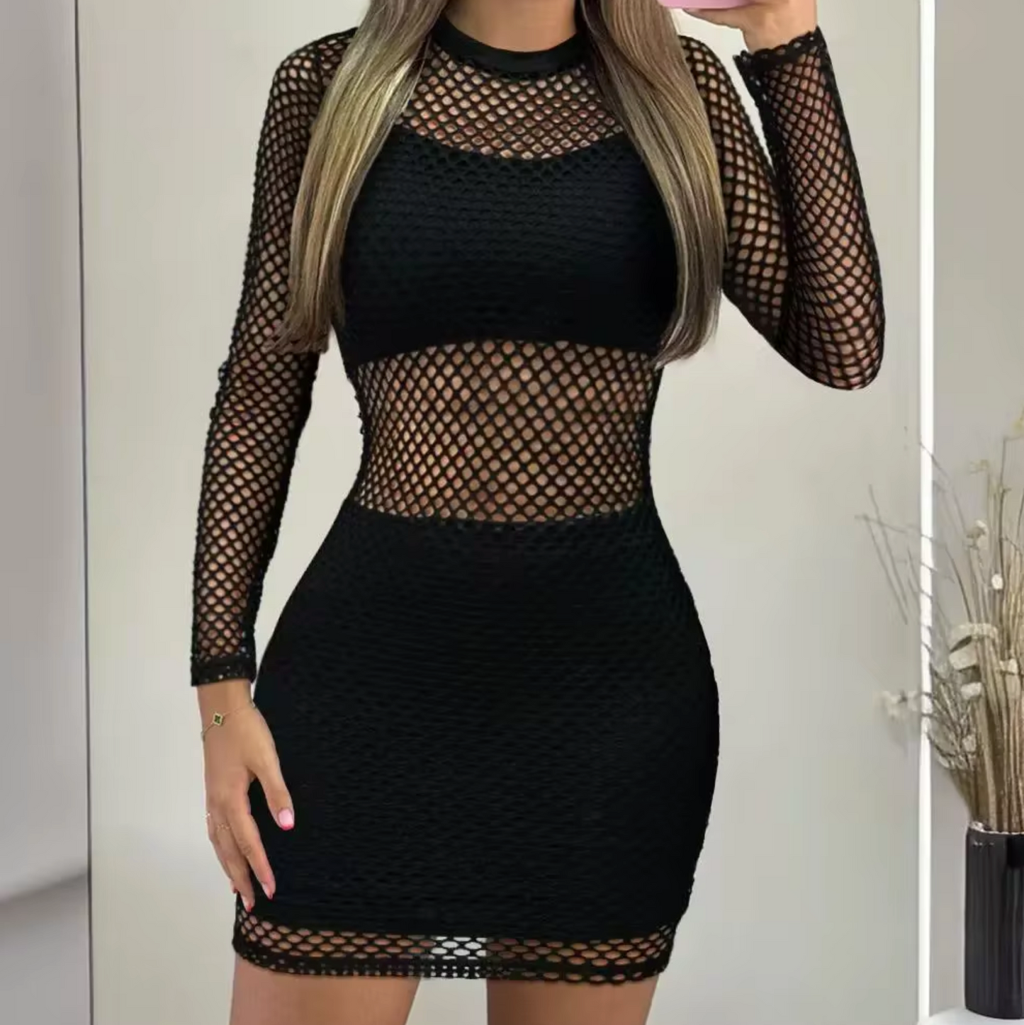 Mesh Long Sleeve Lettuce Hem Bodycon Mini Dress