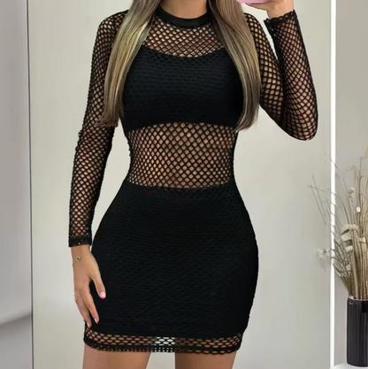 Mesh Long Sleeve Lettuce Hem Bodycon Mini Dress