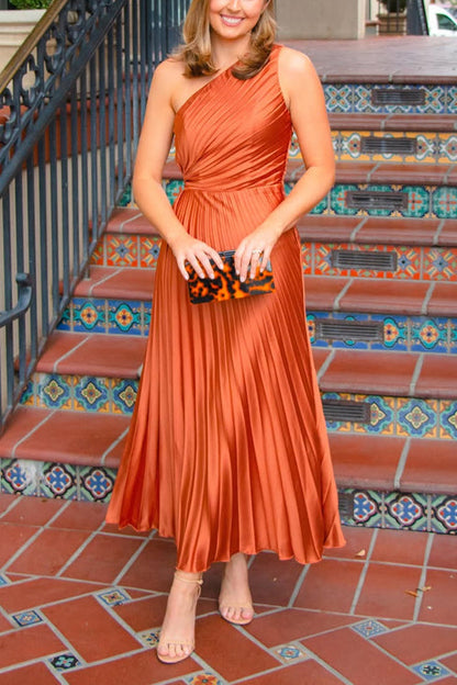 One Shoulder Sleeveless Pleated Satin Maxi Dress