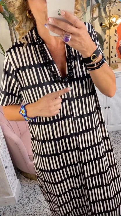 Dash Print Geometric V-Neck Short Sleeve Relaxed Maxi Dress