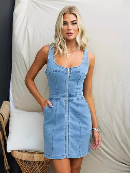 Denim Pocket Zipper Camisoles Mini&Short Dresses