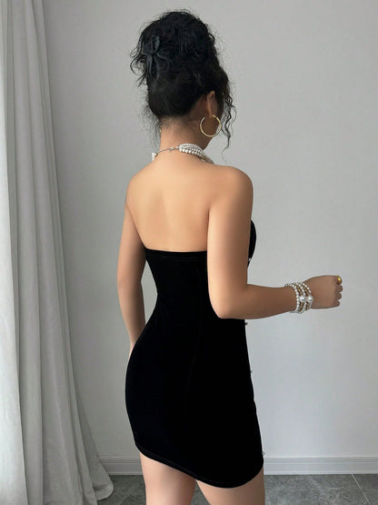 Black Sleeveless Off-shoulder Beading Tube Top Mini&Short Dresses