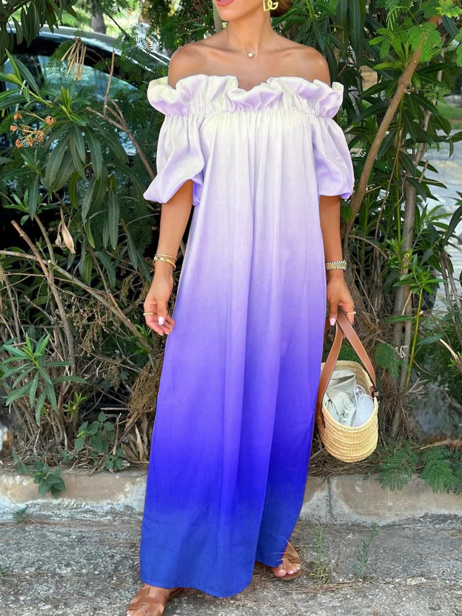 Off-the-shoulder Gradient Print Long Dress With Ruffled Trim