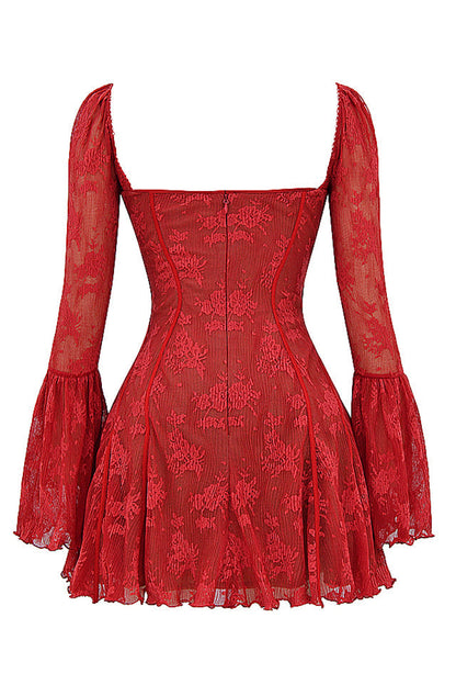 Women's Square-Neck Corset Lace Mini Dress – Long-Sleeve Elegant Fit