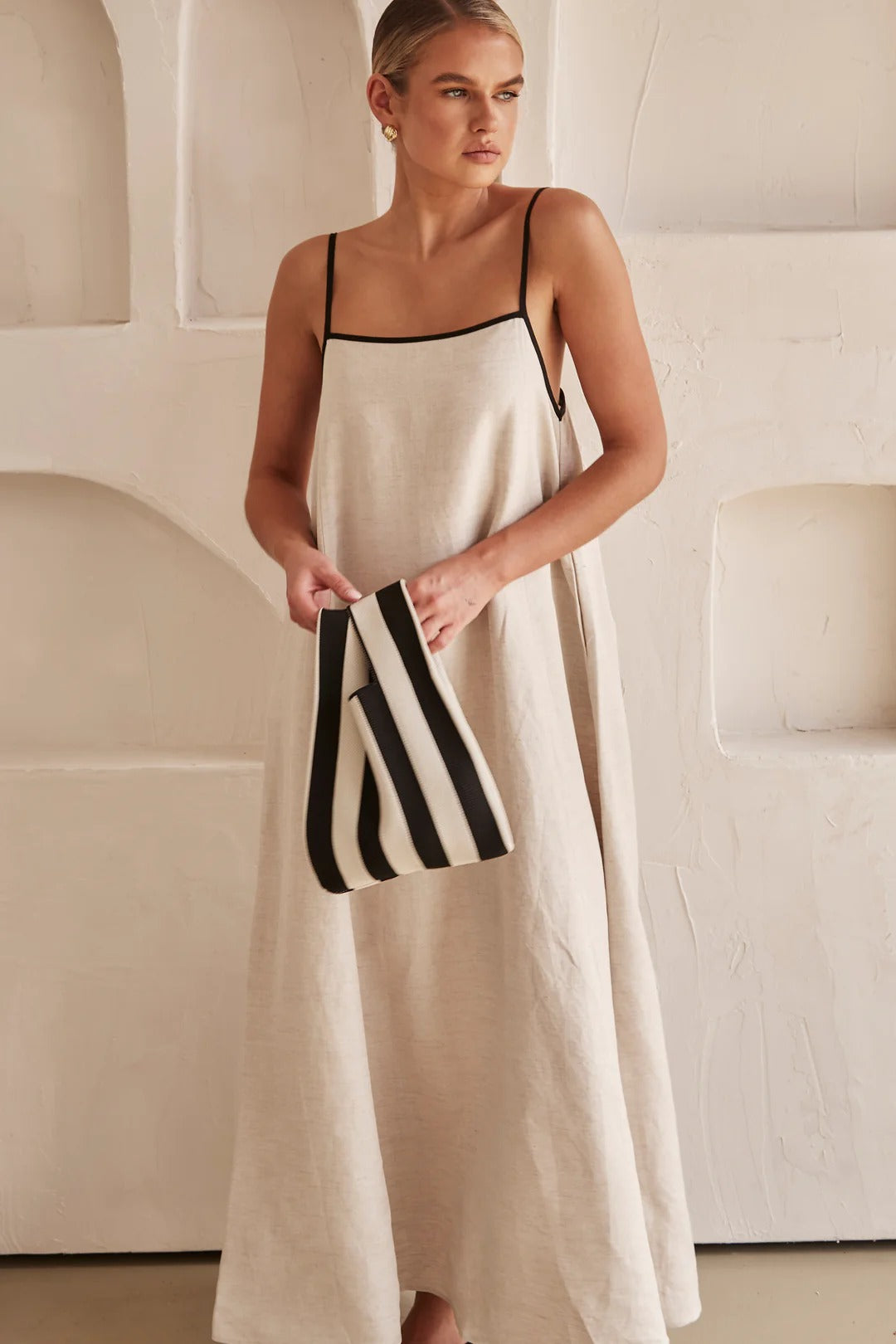 Linen Look Square Neck Spaghetti Strap Contrast Piping Relaxed Maxi Dress