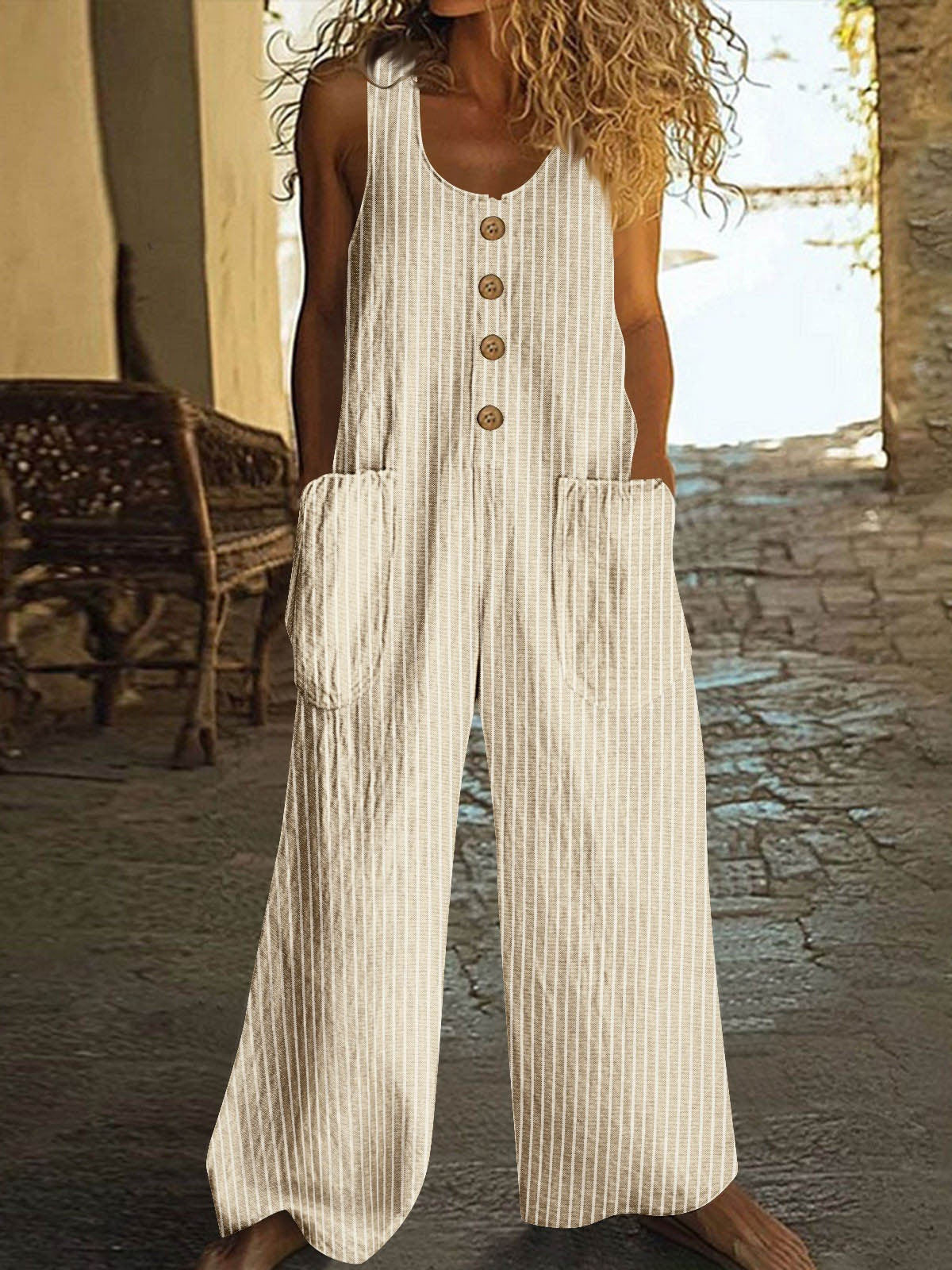 Button-up Pocket Loose Casual Striped Cotton Linen Overalls