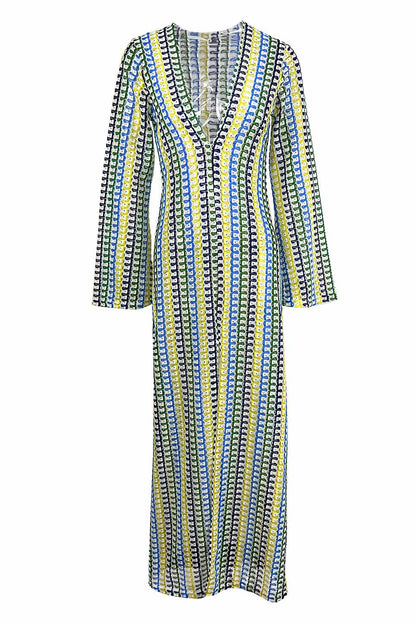 Scallop Circle Print Deep V-Neck Long Sleeve Front Slit Maxi Dress