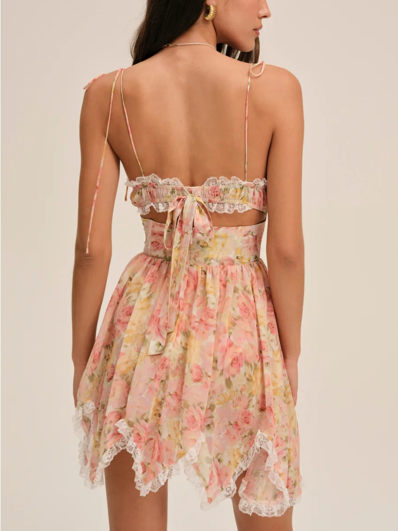 Spaghetti Strap Corset Rosette Lace Trim Handkerchief Hem Floral Mini Dress