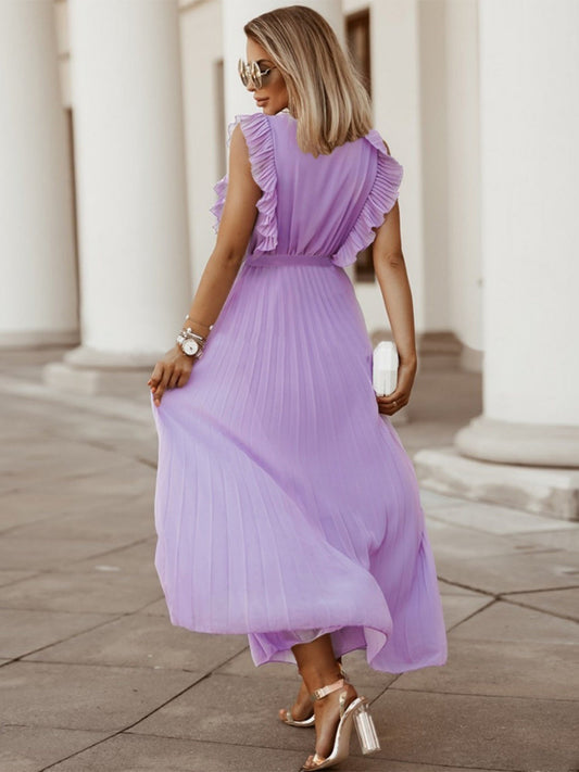 Lotus Leaf Sleeves Bow Chiffon Pleats Vacation Style Maxi Dresses