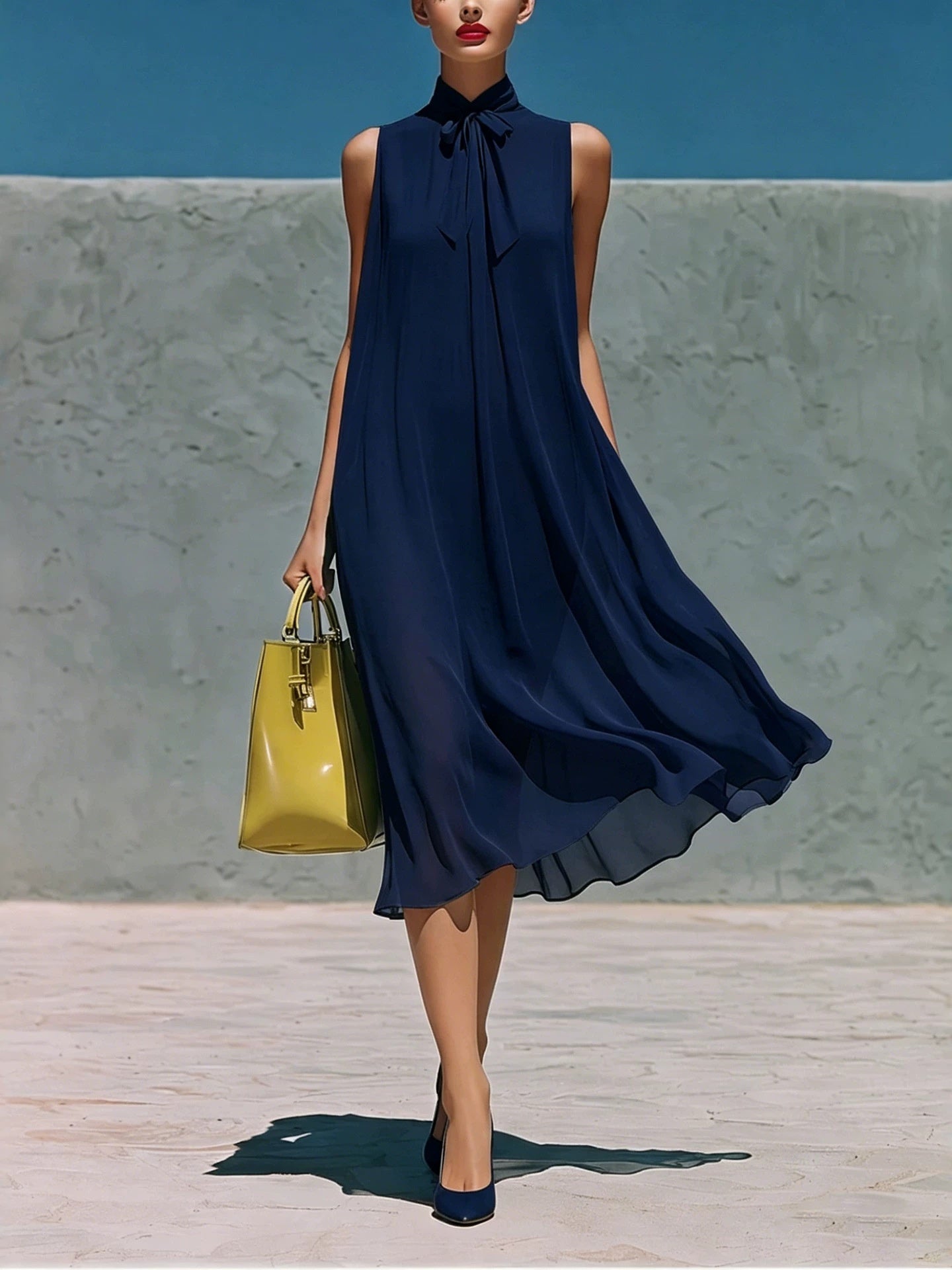 Sleeveless Chiffon Stand-up Collar Tie-up Long Dress