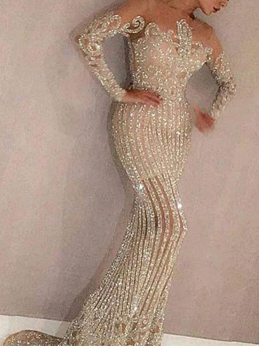 Mid-waisted, Elegant, Sequined, Gold-flecked, Fitted Long Dress For Commuting.