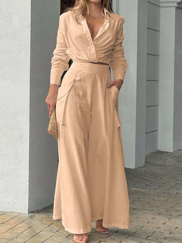 Solid Color Loose-fitting Wide-leg Pants Two-piece Set