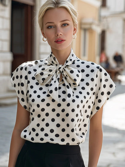 Flying Sleeves Commuting Bow Polka Dots Chiffon Blouse
